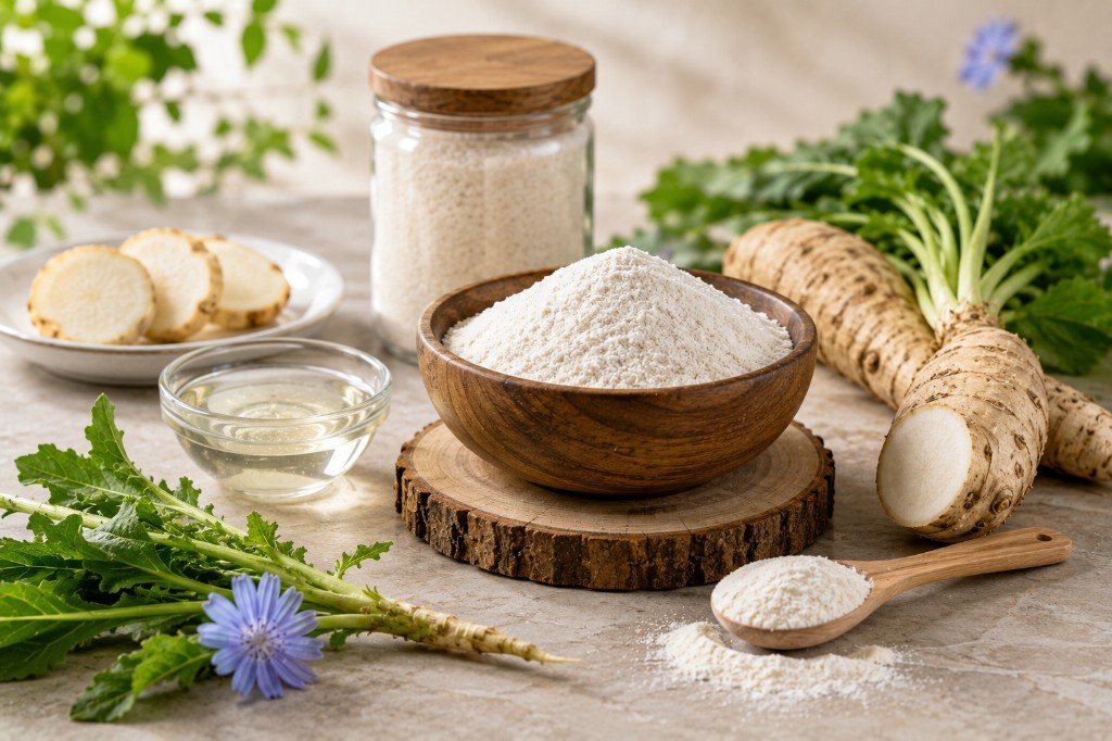 Inuluxe™ chicory root inulin powder with chicory roots and flowers