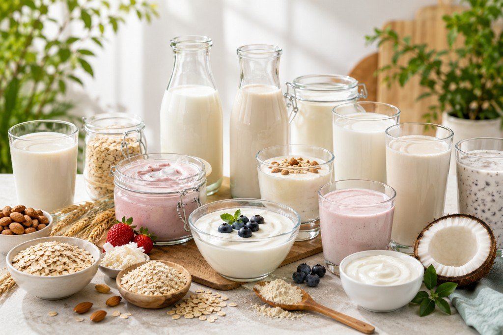 Dairy and plant-based milks, yogurts, oats, and fiber ingredients